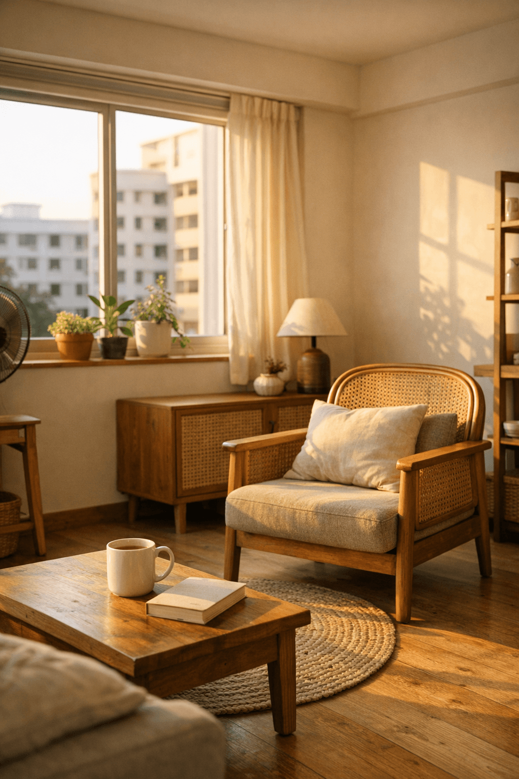 A warm, tastefully renovated compact Singapore HDB flat interior in golden afternoon light