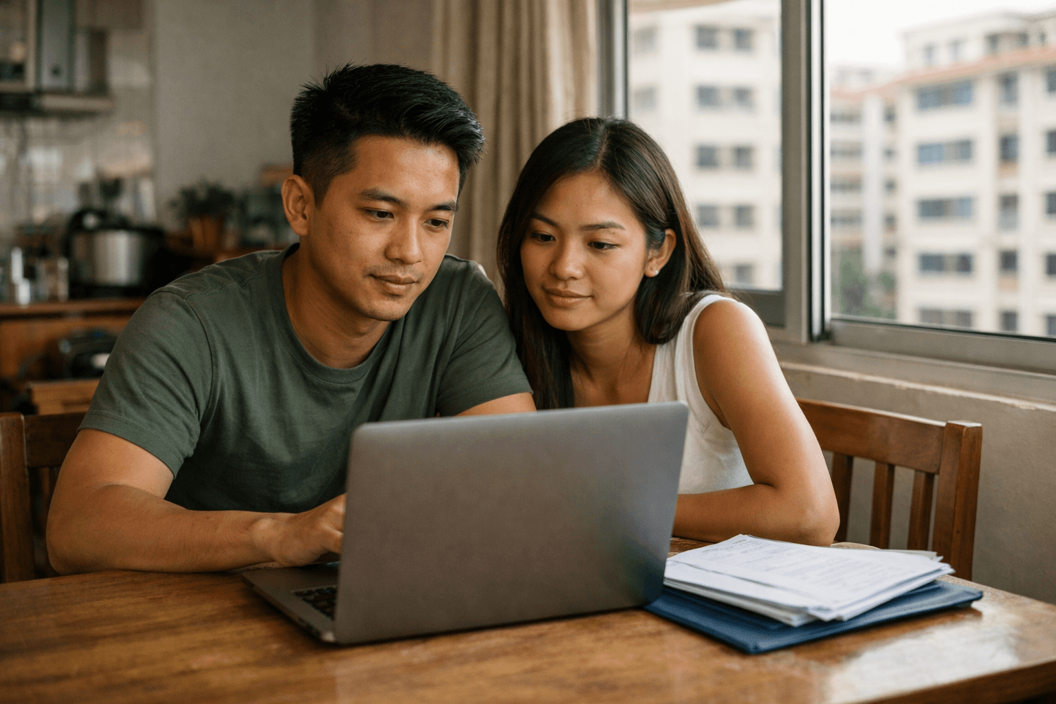 A young couple at home in an HDB flat in Singapore checking their flat eligibility on a laptop.