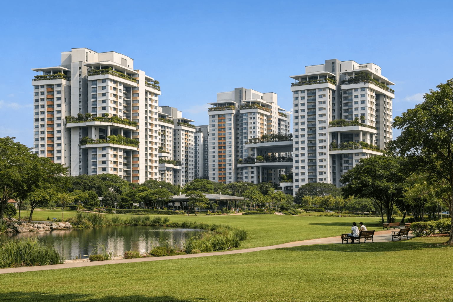 A cluster of recently completed HDB blocks with sky gardens under a clear sky.