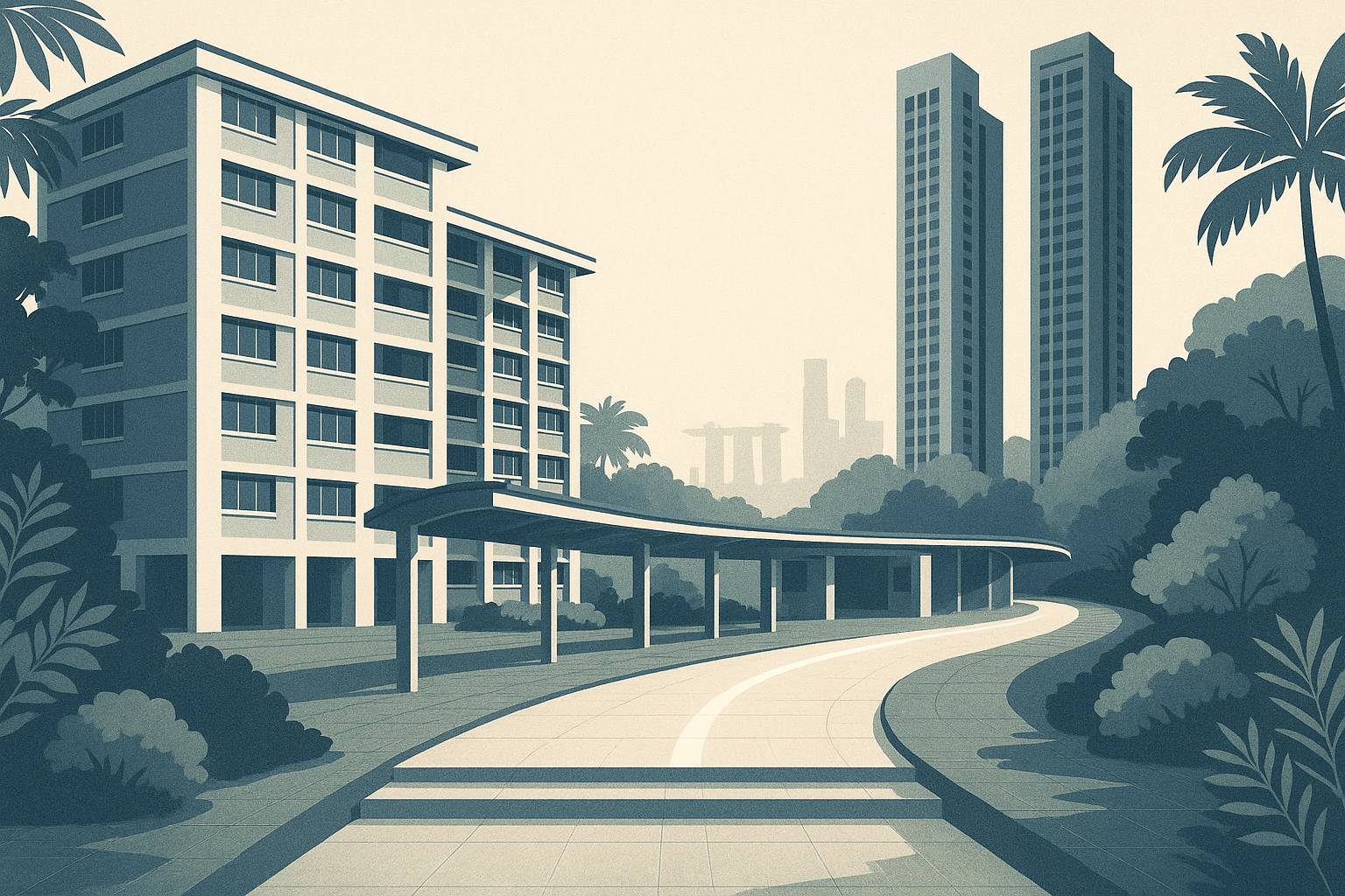 Editorial illustration of a Singapore housing scene with HDB blocks and condo towers, where a softly lit stepped walkway leads toward a residential entrance through tropical greenery.