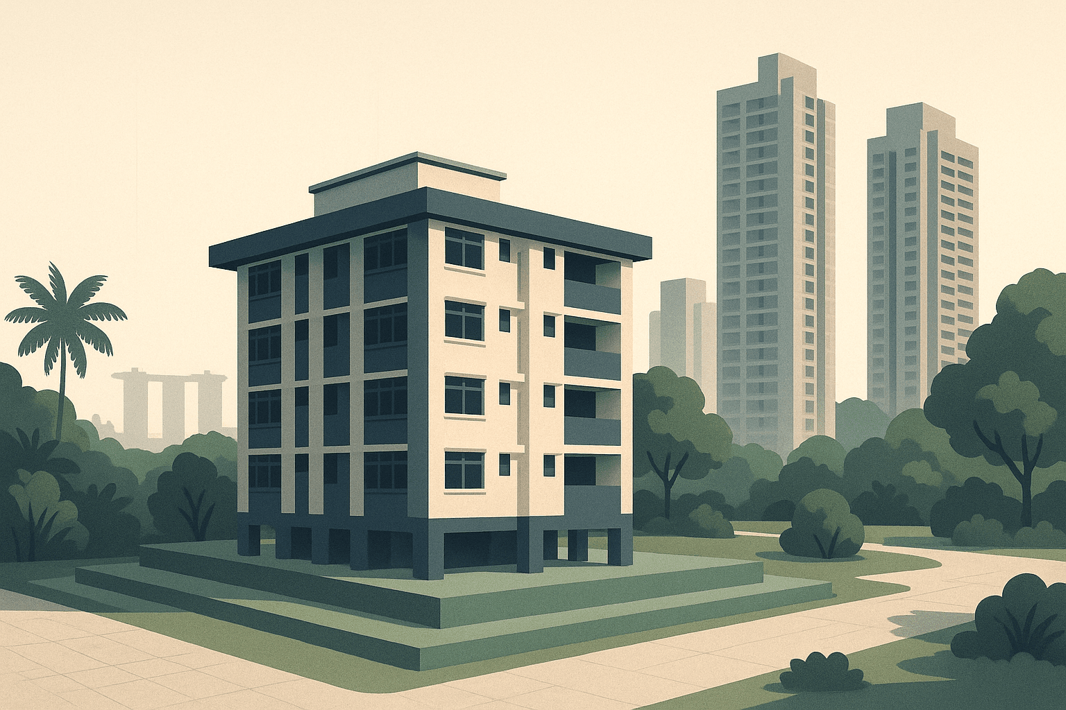 Editorial illustration of a Singapore housing estate with an HDB block in focus, condo towers behind, tropical greenery, and subtle layered foundations suggesting combined housing support.