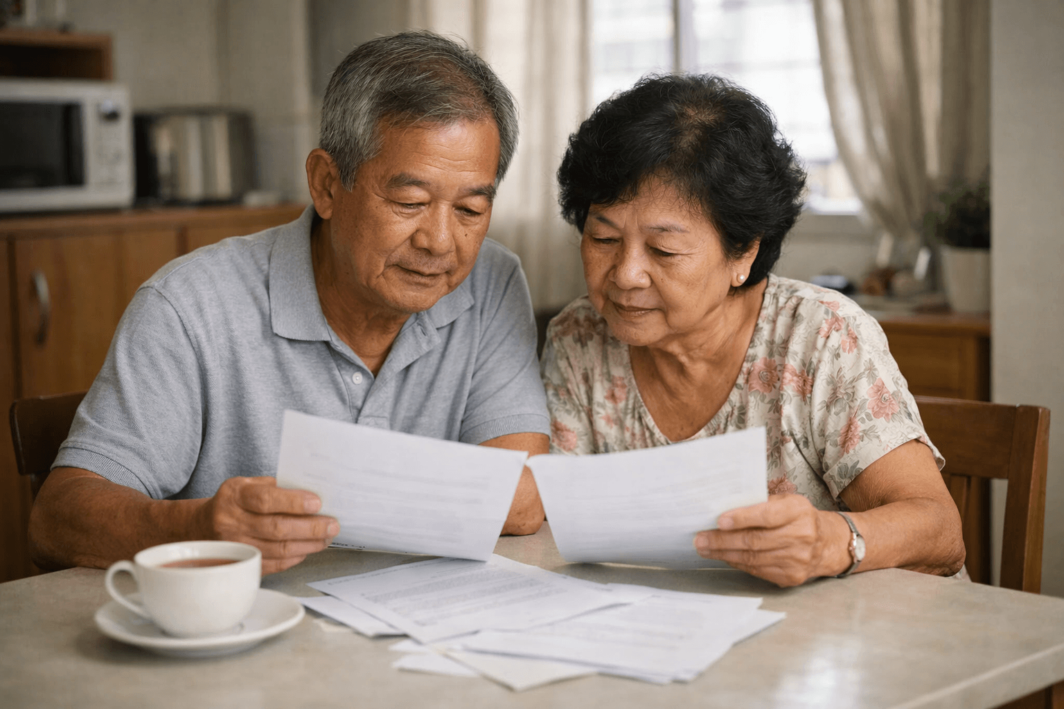 An older couple reading letters together at the dining table of their HDB flat.