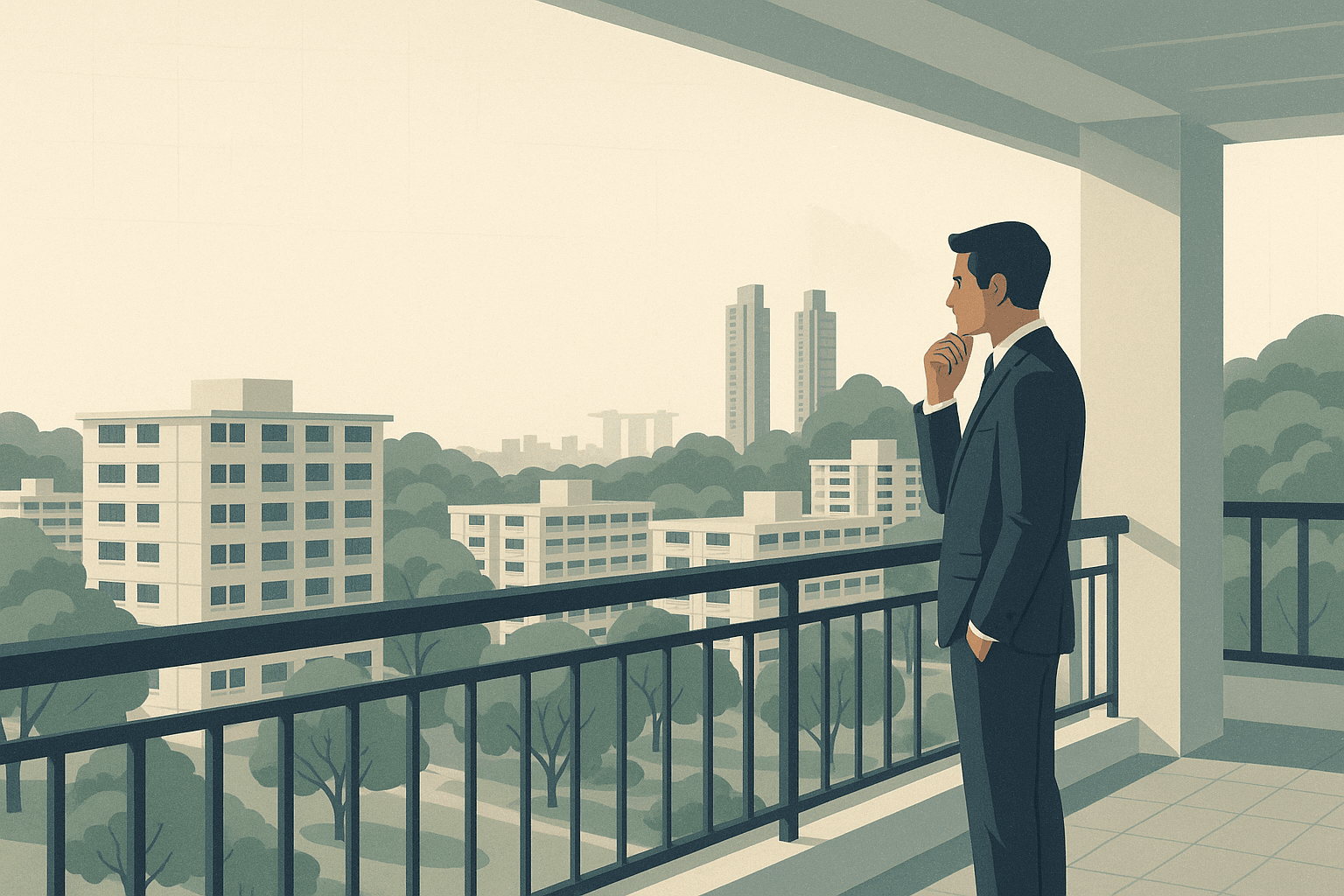A property agent stands at an elevated overlook, studying a quiet Singapore neighbourhood of HDB blocks, condominium towers, and tropical greenery in soft morning light.