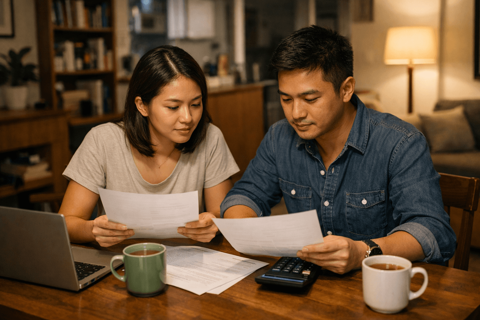 A young couple at the dining table of their flat, comparing two home-loan letters with a calculator.