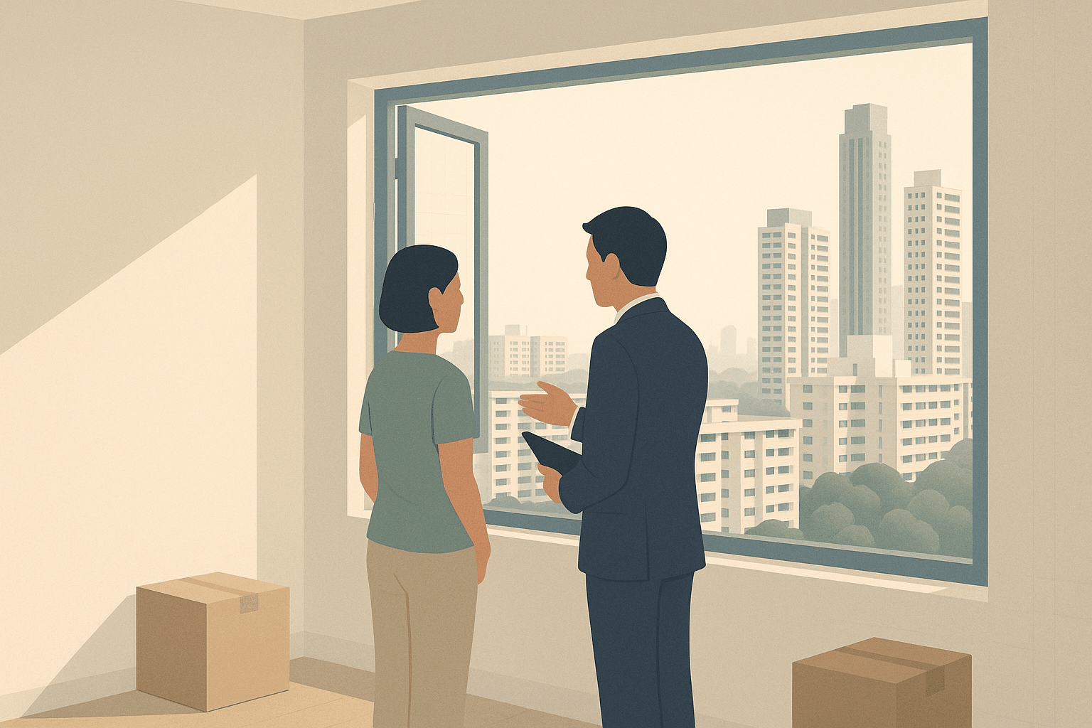 Property agent and HDB owner in a bright flat looking out at a Singapore residential skyline of HDB blocks and condominium towers, with subtle moving boxes and tropical greenery