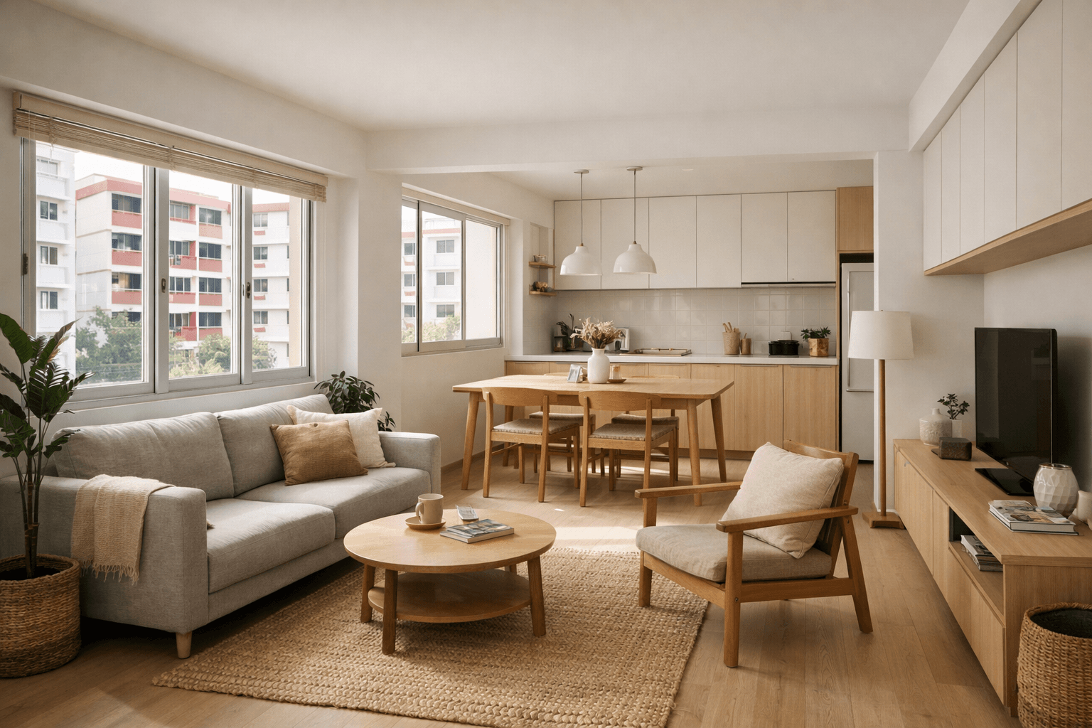 Open-concept renovated HDB flat in Singapore with bright communal space