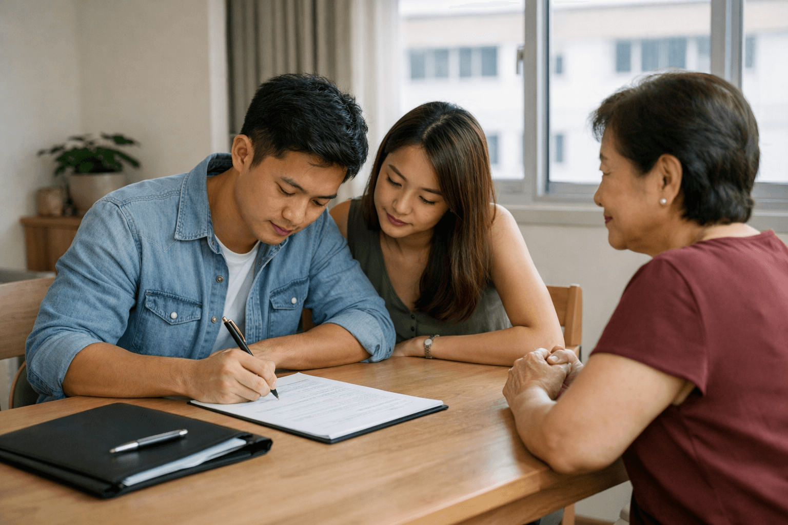 A couple signing a paper form at the dining table of an HDB flat while the seller looks on.