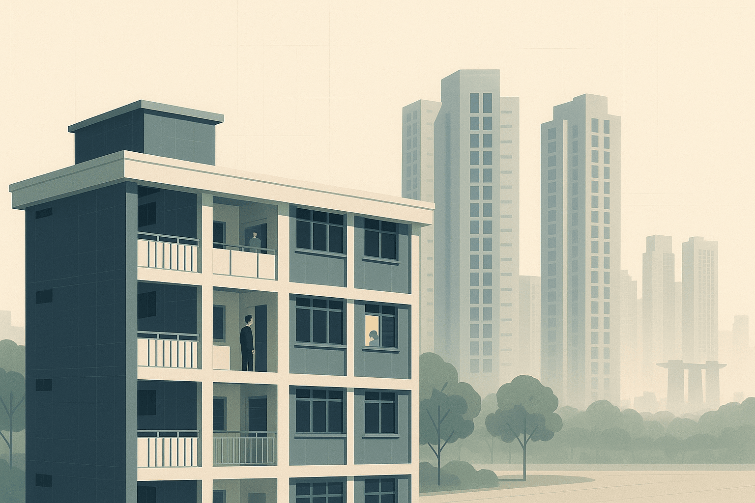Editorial illustration of a Singapore HDB block with condo towers behind it, showing one person at the corridor entrance and another inside a softly lit flat, set against a calm city backdrop with greenery.