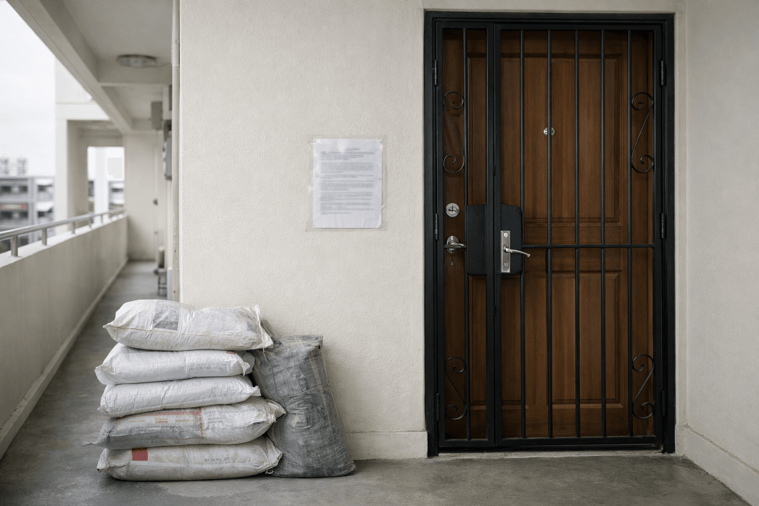 A common corridor in an HDB block with a notice of renovation taped beside a flat's door.