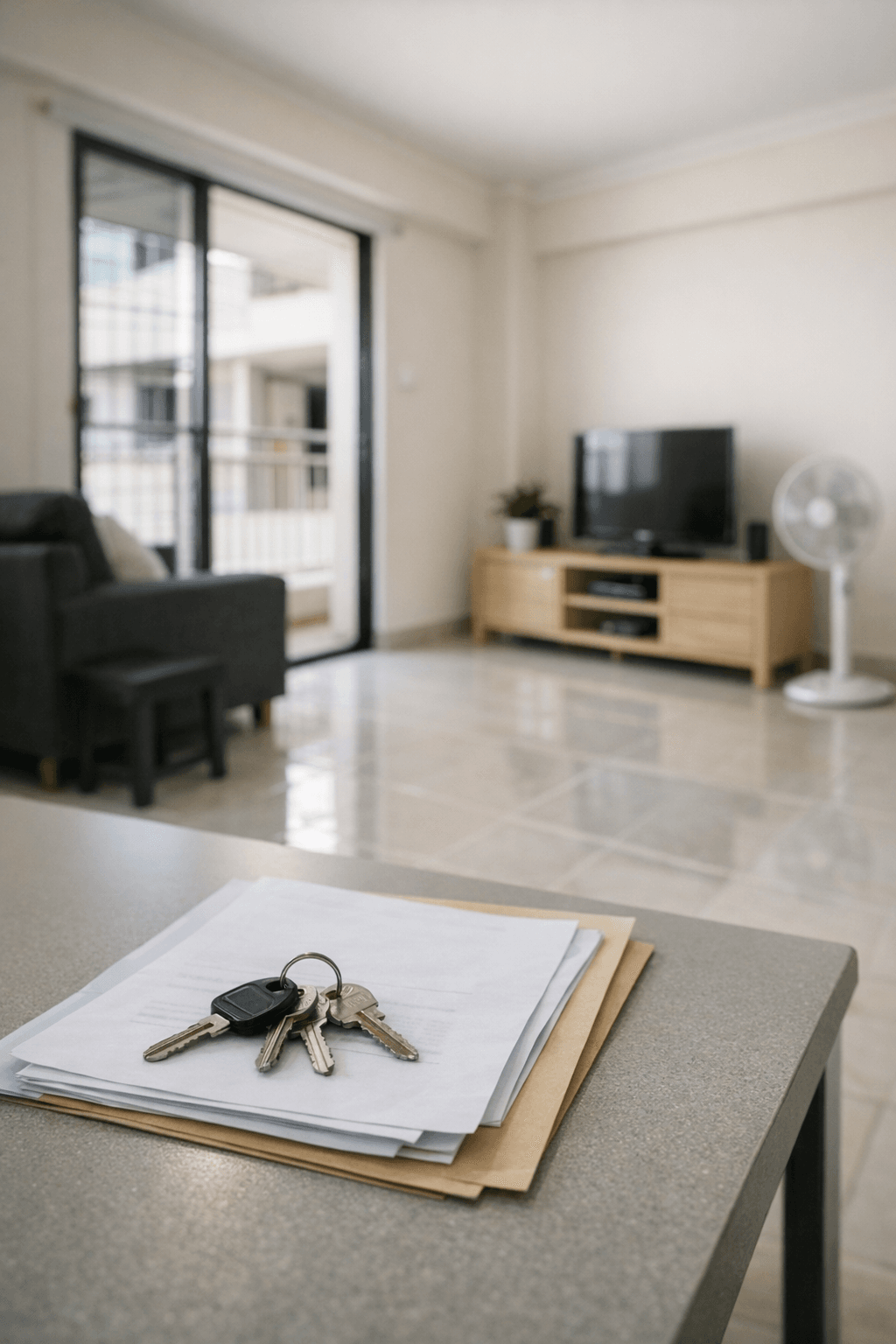 A Singapore HDB flat living room prepared for a resale viewing, with keys and documents on a table in afternoon light