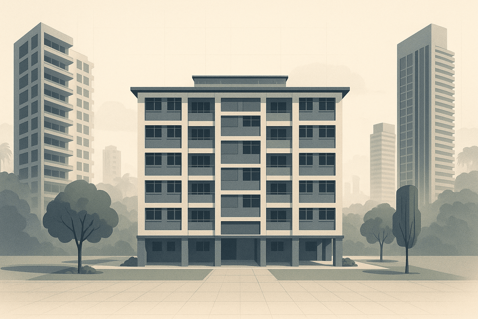A calm editorial illustration of a central HDB block in Singapore, framed by nearby condominium towers, tropical greenery, and faint city skyline elements, with subtle architectural lines suggesting a balanced property negotiation.