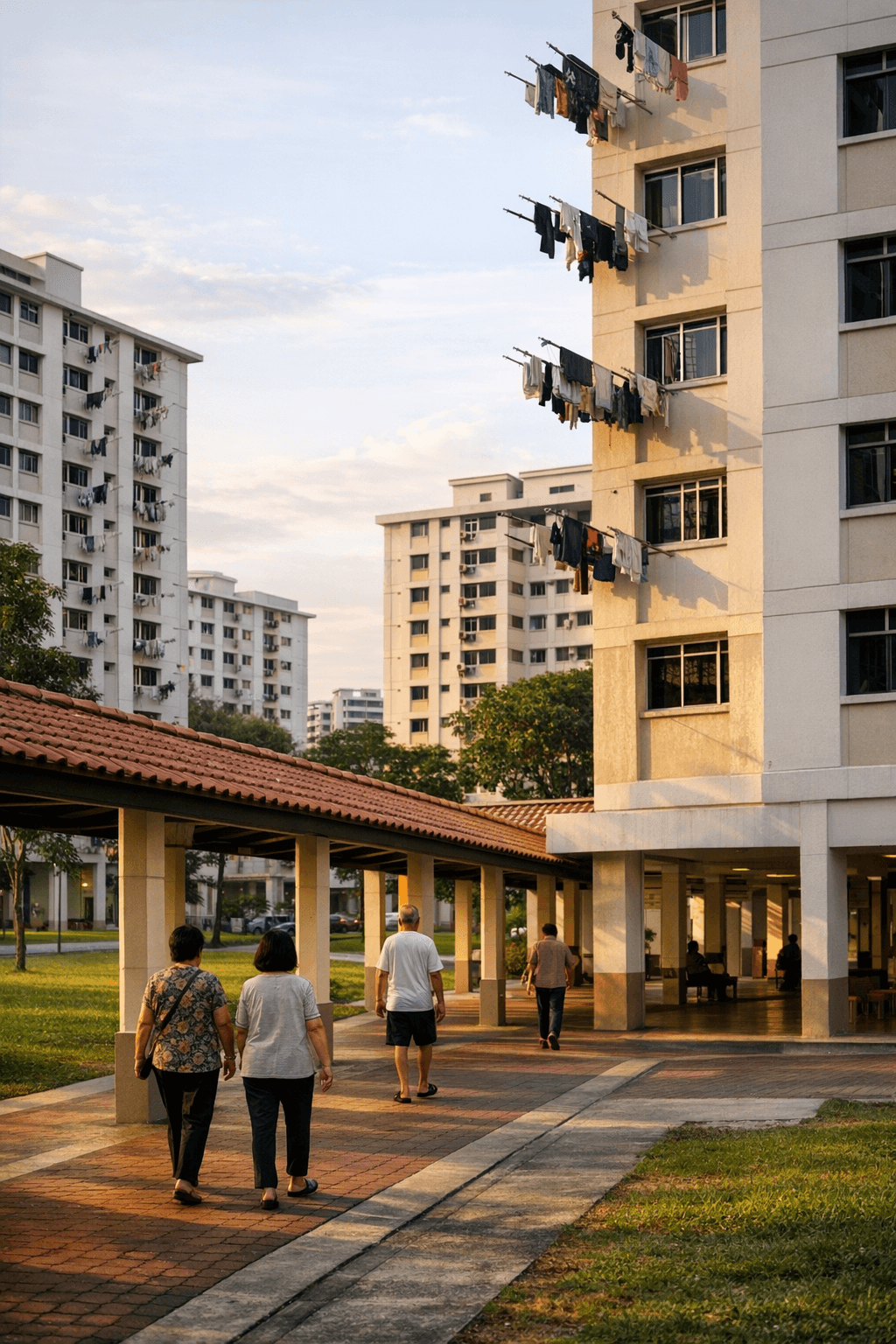 Rows of mature Singapore HDB blocks in soft late-afternoon light, laundry poles out, a quiet void deck below
