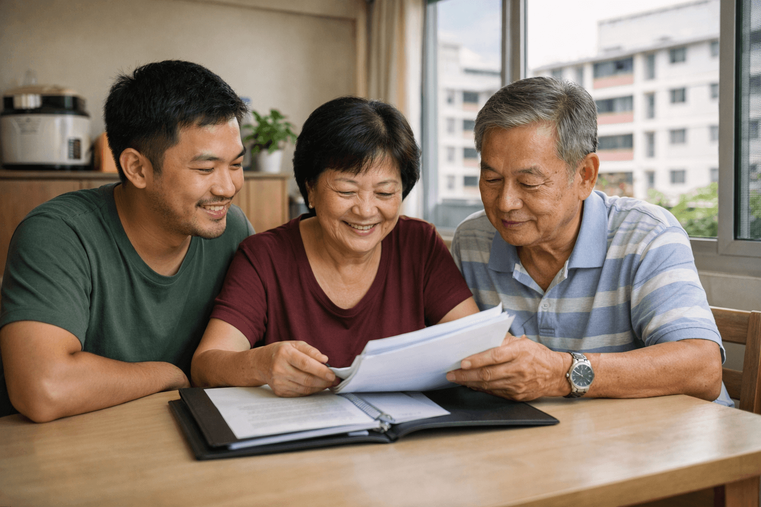 An older Singaporean couple and their adult son sitting together at the dining table of an HDB flat, going through a folder of papers.