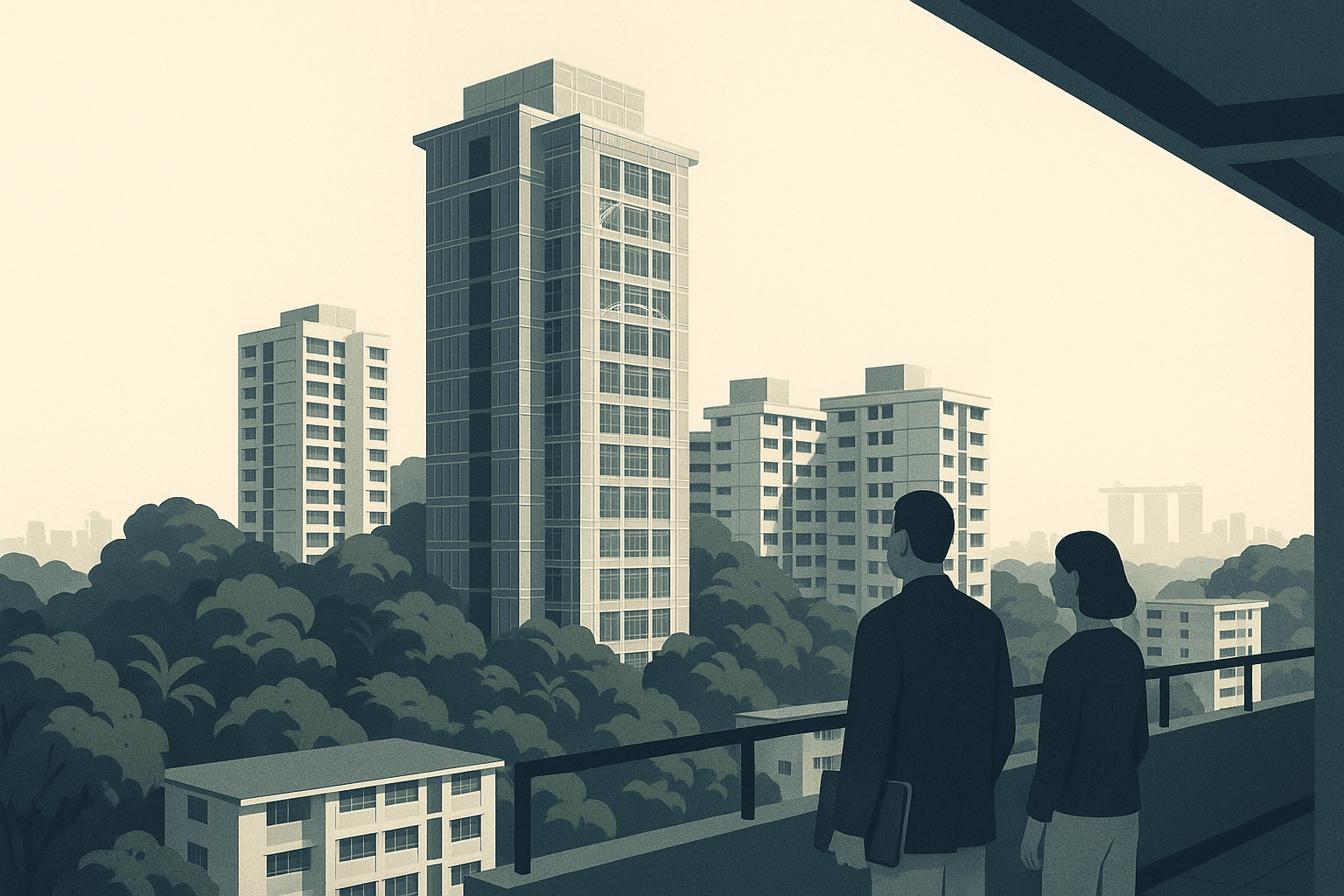 A calm editorial illustration of Singapore condominium towers and HDB blocks with tropical greenery and two people overlooking the neighbourhood, with subtle geometric lines suggesting careful home loan review.