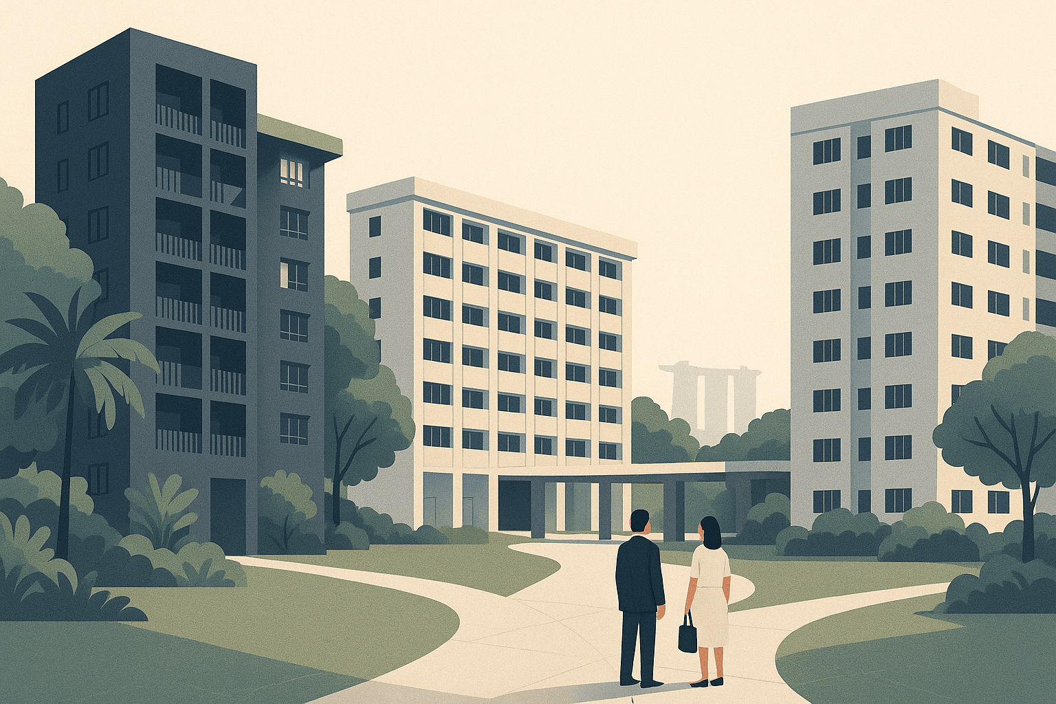Homeowner and property agent standing in a landscaped Singapore residential courtyard, facing a calm mix of condominium towers and HDB blocks under soft natural light.