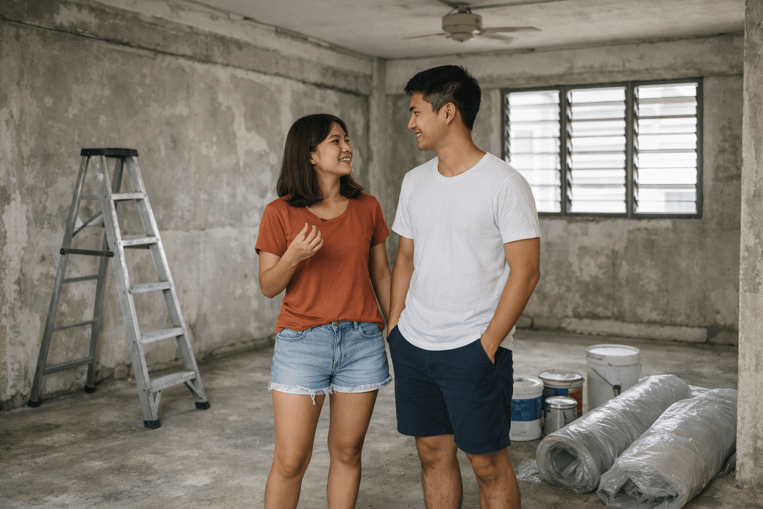 A young couple standing in an empty, half-renovated HDB living room with bare cement walls.