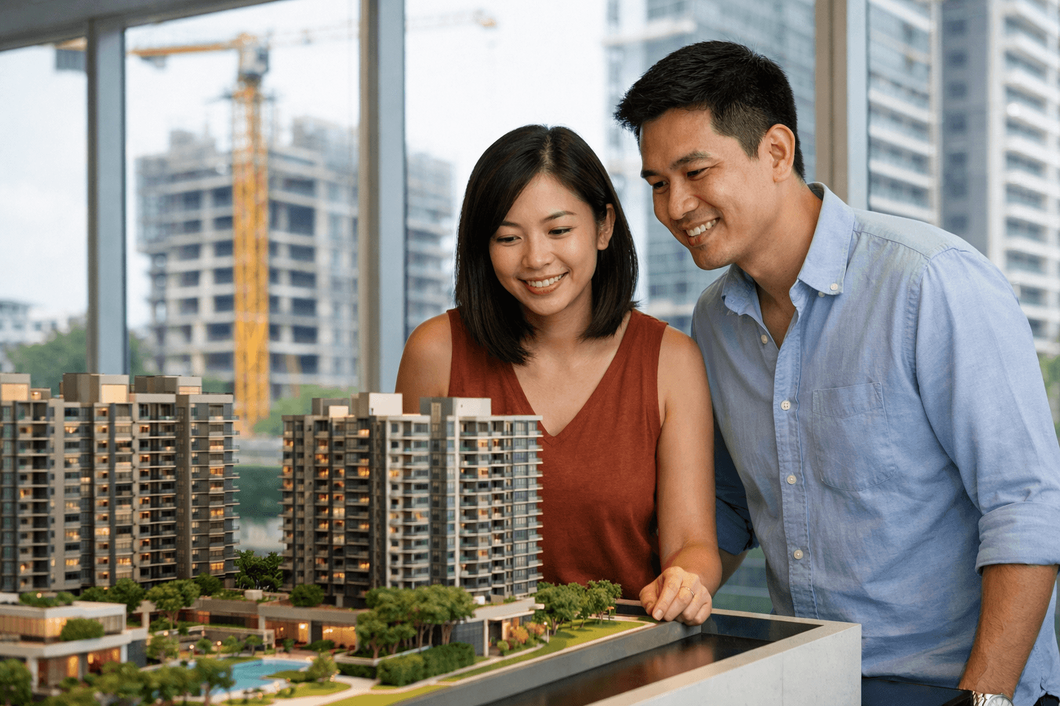 A couple looking at a scale model of a new condominium development in a bright sales gallery, with a residential tower under construction visible outside.