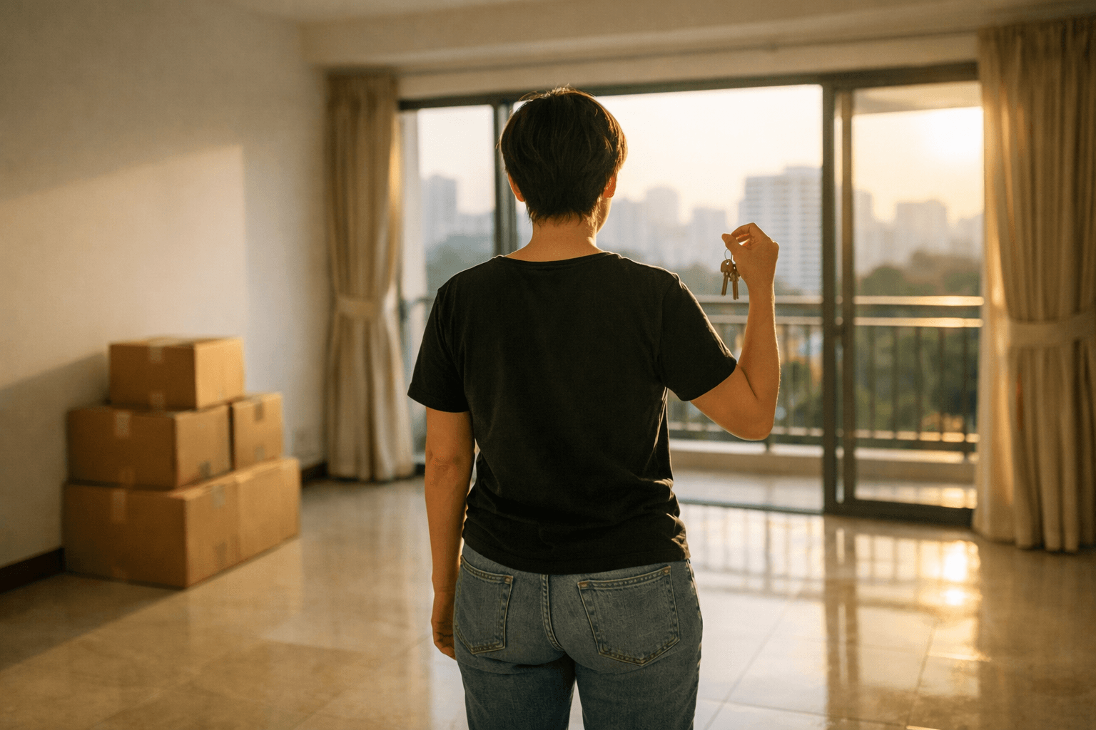 A seller holding keys in a sunlit, partly packed Singapore condo living room after completing a sale.