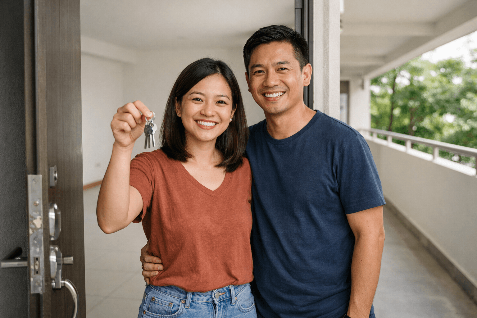 A couple receiving the keys to their new home at the front door of an HDB flat.