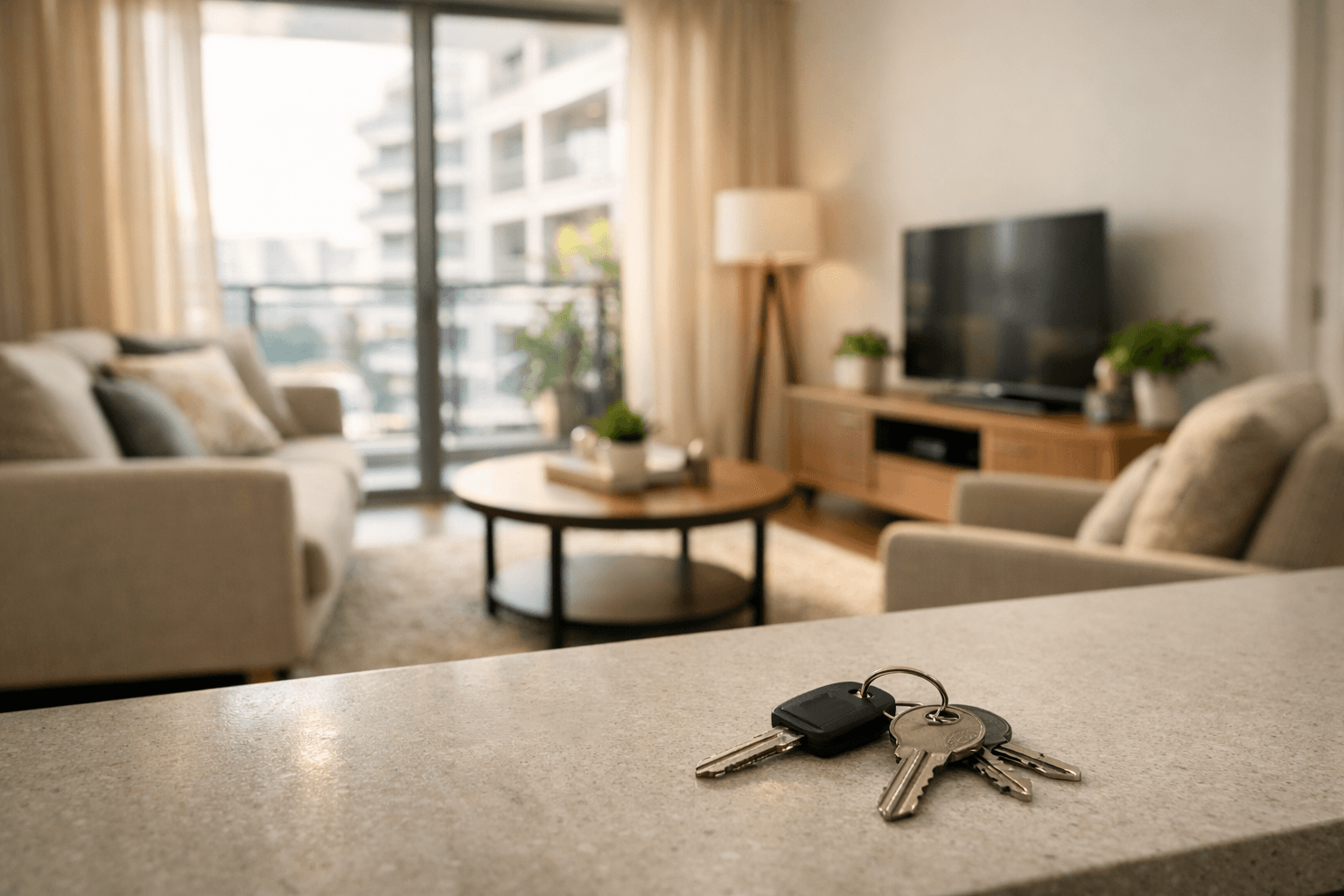 A furnished Singapore condominium living room staged for rental, with keys on the kitchen counter.