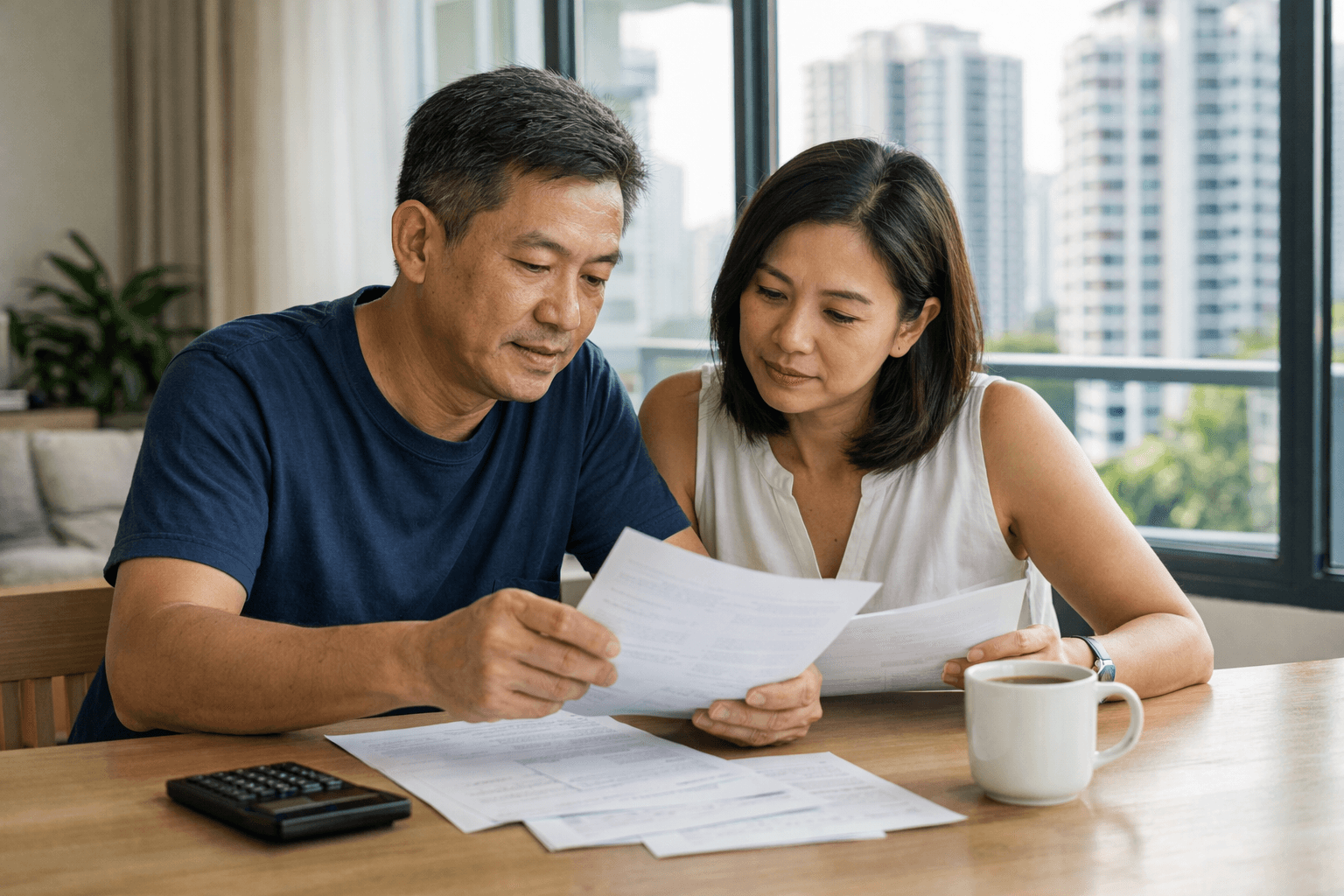 A couple at a table in a Singapore condominium flat going over papers and a calculator, with residential towers through the window behind them.