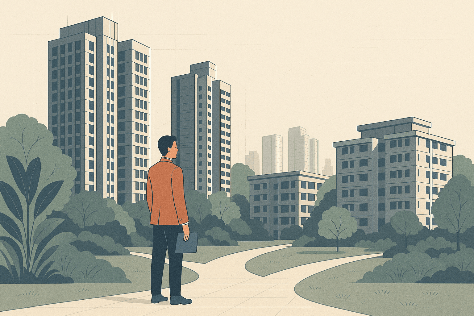 A new property agent stands on a landscaped path overlooking a calm Singapore scene of HDB blocks and condominium towers with tropical greenery and a faint city skyline.
