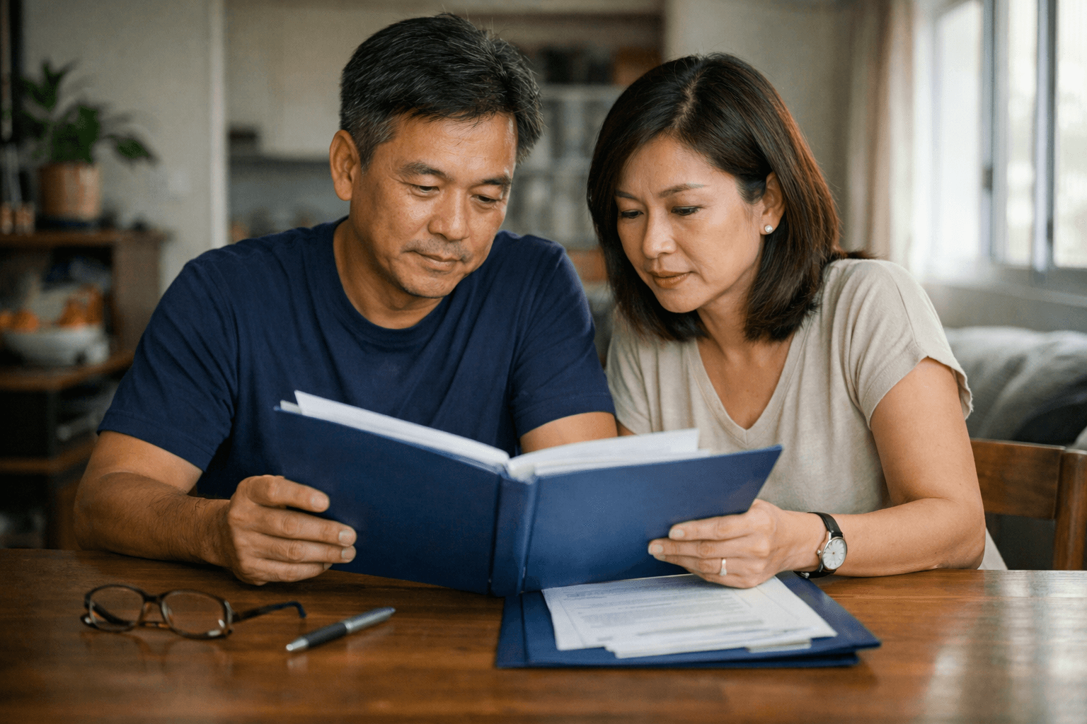 A couple reading through a folder of property documents together at their dining table.