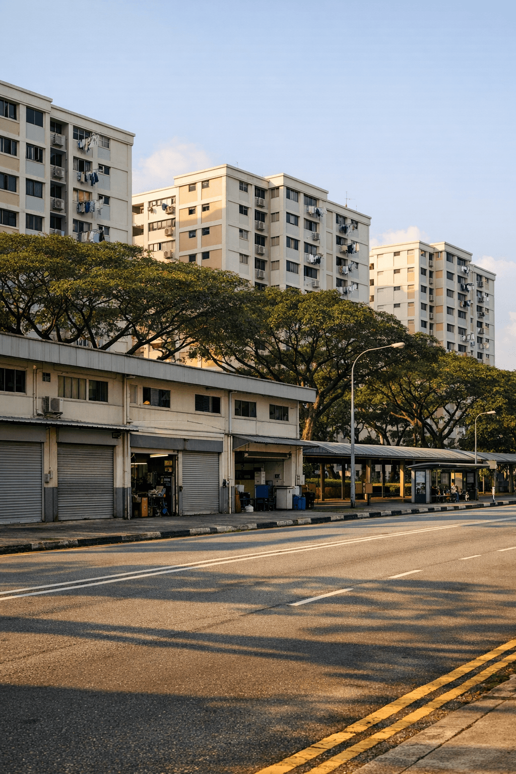 A low light-industrial building with roller shutters beside tall HDB blocks in a mature Singapore estate, seen across a quiet road