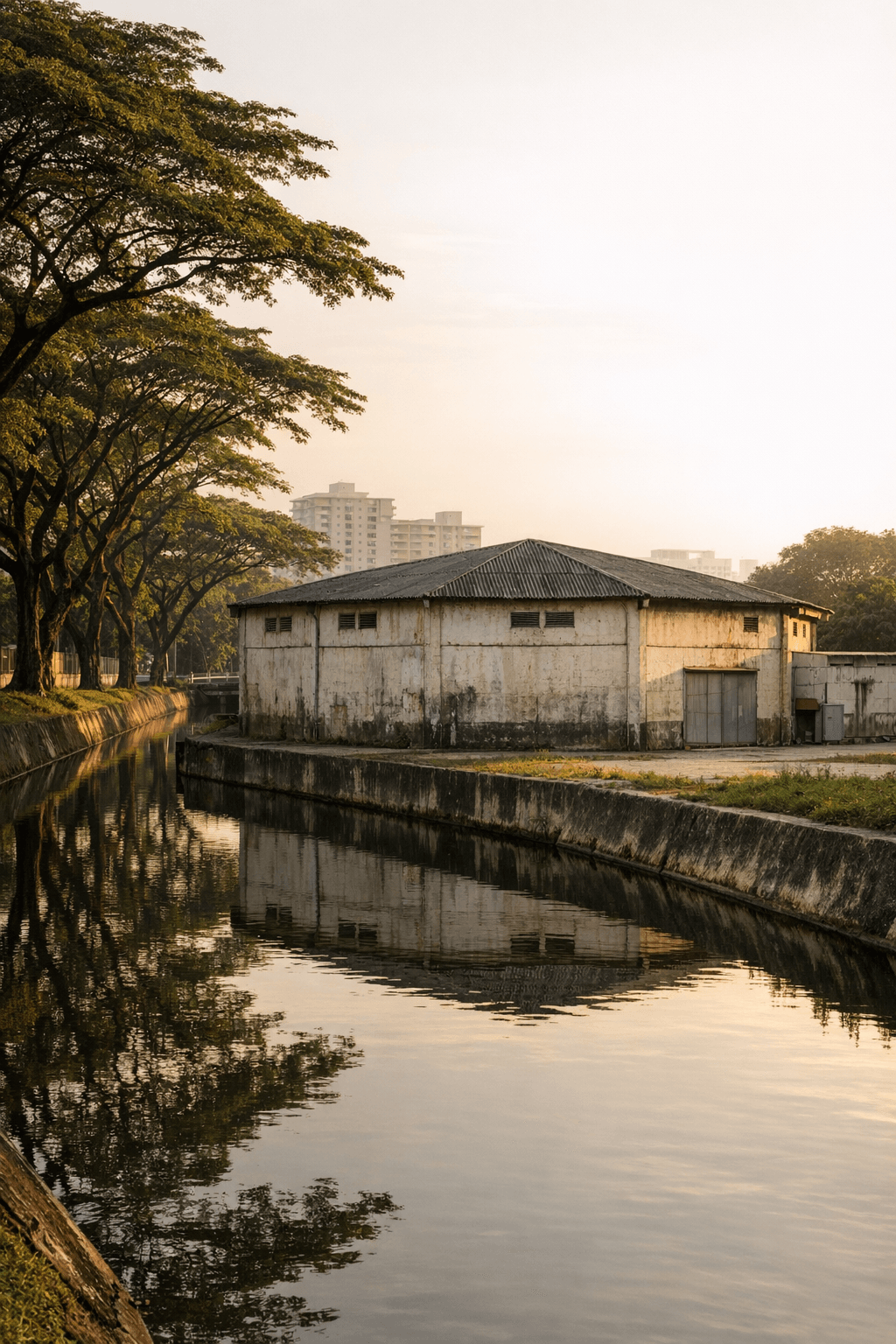 A low octagonal industrial warehouse with weathered concrete walls beside a still canal in Singapore at golden hour