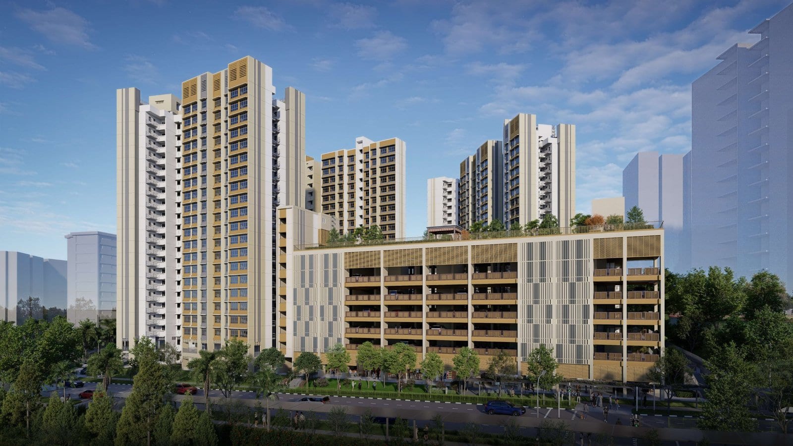 HDB's artist's impression of Kebun Baru Ridge: the blocks behind a low multi-storey car park, seen from the street.