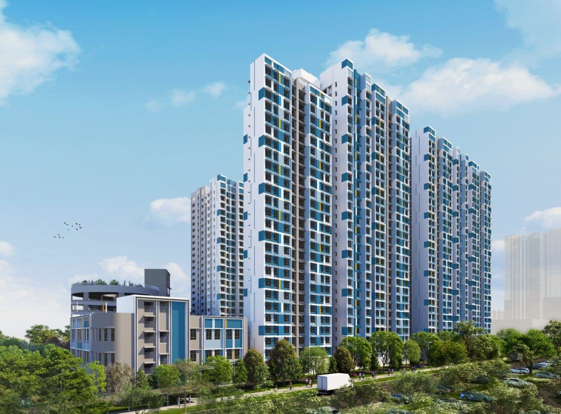 HDB's artist's impression of Kim Keat Crest: blue-and-white blocks rising above greenery.