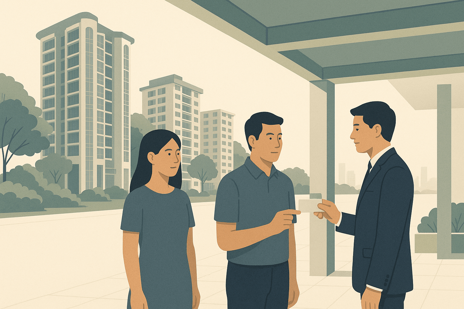 A Singapore property agent calmly checking a client’s identity at the entrance of a residential development, with condominium towers, HDB blocks, and tropical greenery in the background.