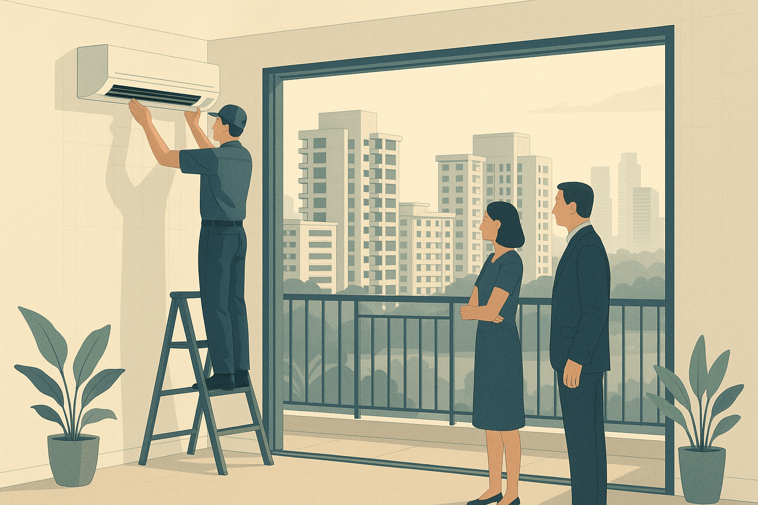 Editorial illustration of a Singapore apartment where a technician services an indoor air-conditioner while two adults observe, with condo towers, HDB blocks, and tropical greenery visible beyond the balcony.