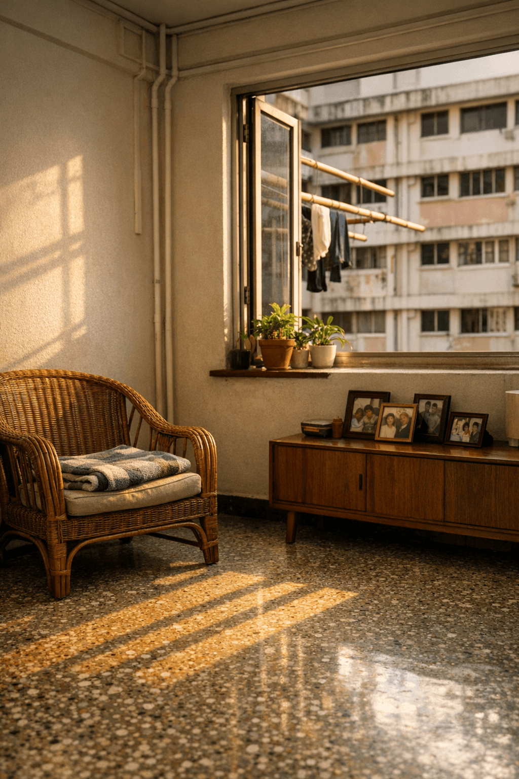 Afternoon light in the living room of an older three-room HDB flat in Singapore