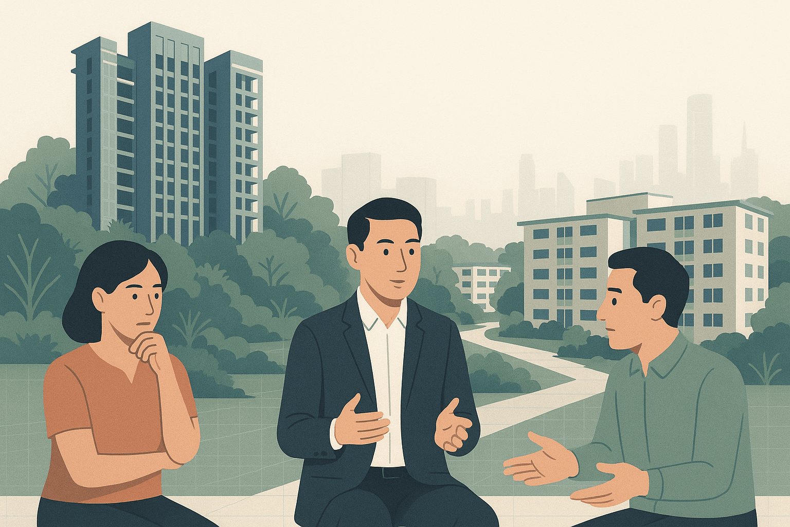 A Singapore property agent calmly guiding a buyer and seller in front of a residential skyline of condominium towers and HDB blocks, with tropical greenery and a subtle sense of a gap being bridged.