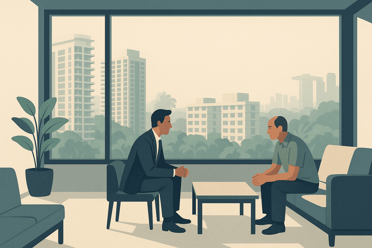 A property agent and homeowner calmly discussing next steps in a modern Singapore apartment, with condo towers, HDB blocks, and tropical greenery visible outside.