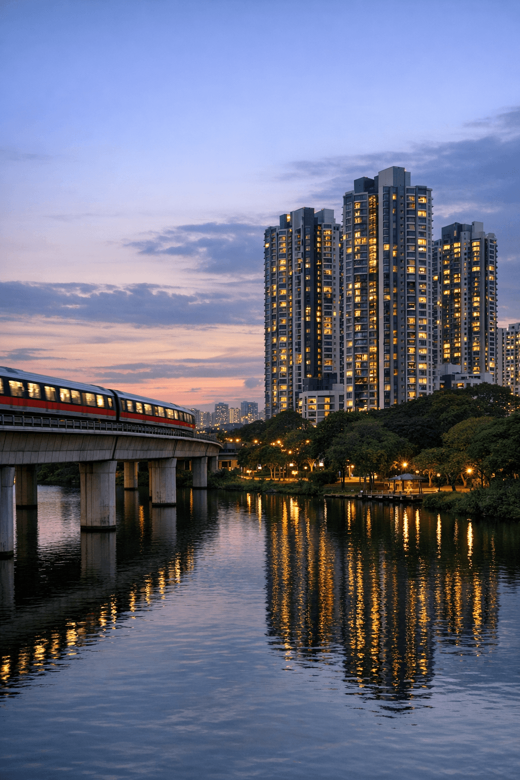 An elevated MRT track curving past high-rise residential towers beside a lake in western Singapore at dusk