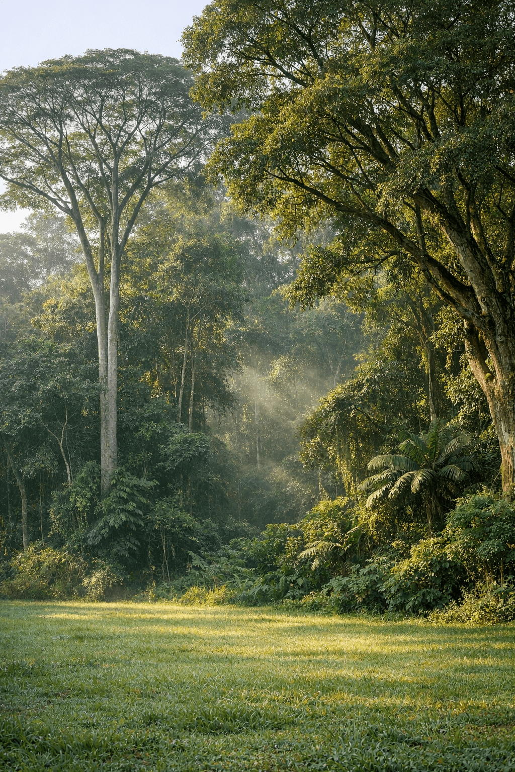 The edge of a dense secondary rainforest in Singapore meeting an open grassy clearing in morning mist