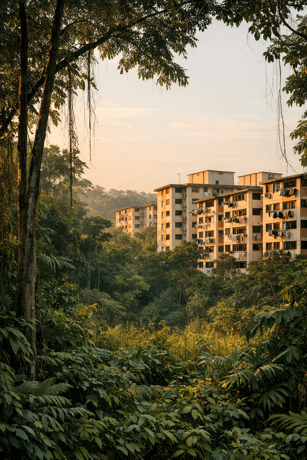The edge of a dense secondary rainforest meeting a Singapore public housing estate in warm late-afternoon light