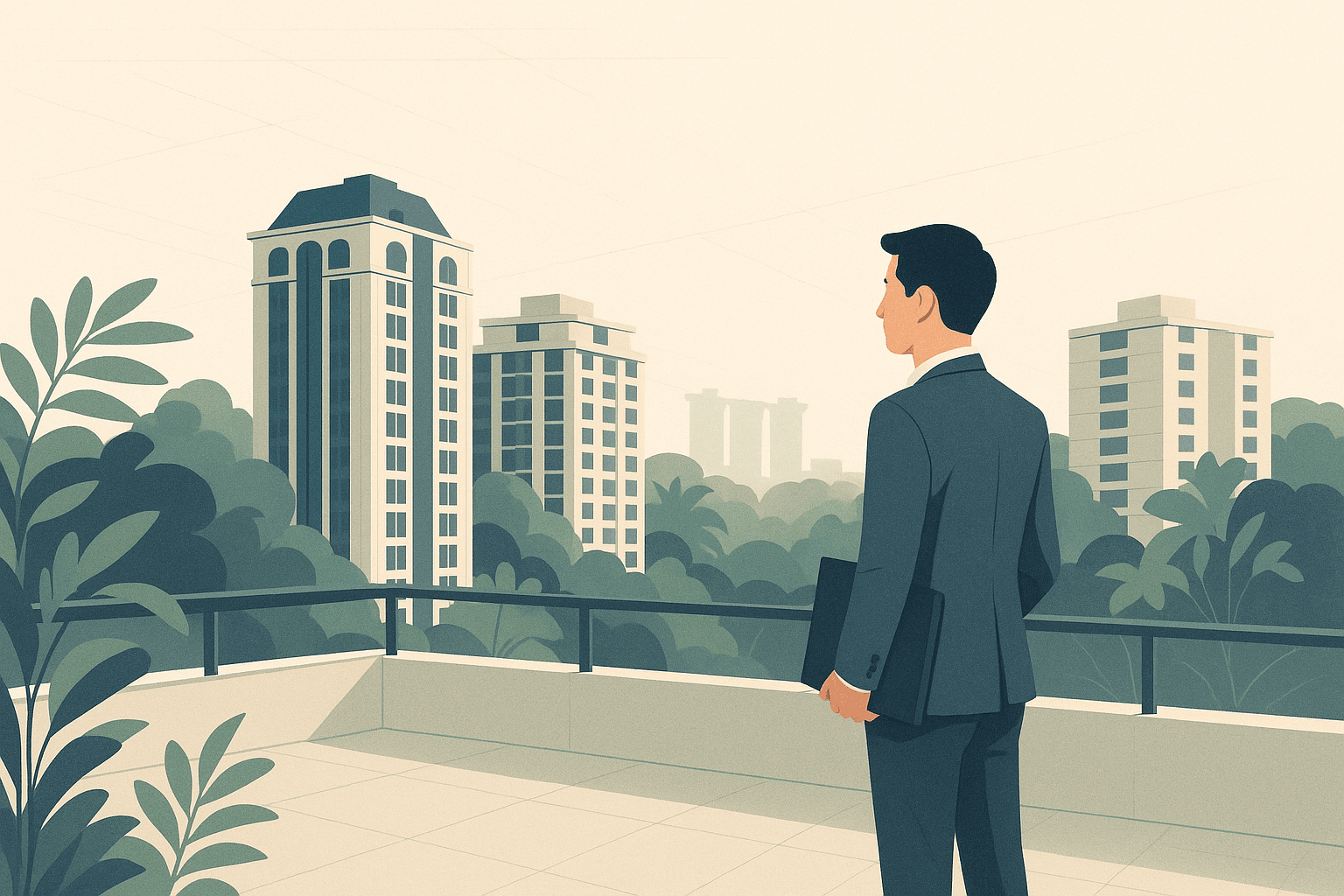 A smartly dressed Singapore property agent stands on a rooftop garden overlooking condo towers, HDB blocks, and tropical greenery in a calm residential skyline.