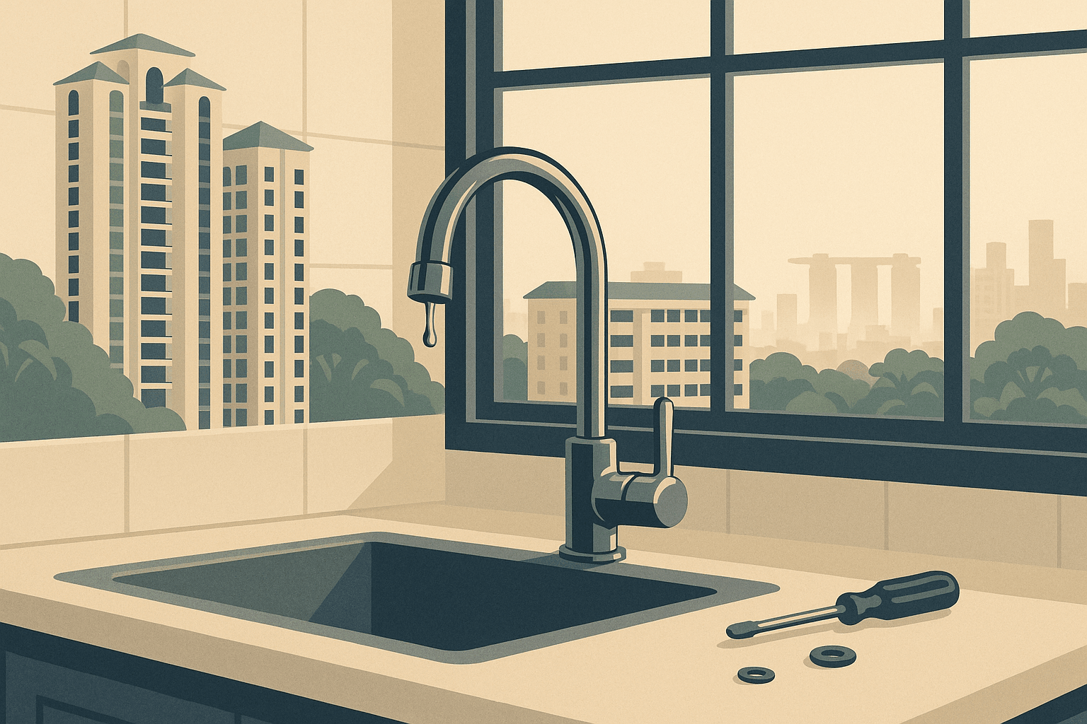 Editorial illustration of a Singapore apartment kitchen with a gently dripping tap and small repair tools, with condominium towers, HDB blocks, greenery and a faint Marina Bay skyline seen through the windows.