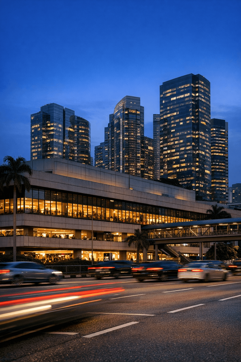 A large older Singapore shopping mall at dusk seen from across a road, with newer glass towers rising behind it