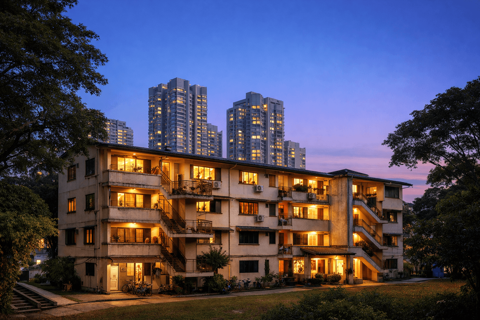 A characterful older Singapore walk-up apartment in nostalgic golden light.