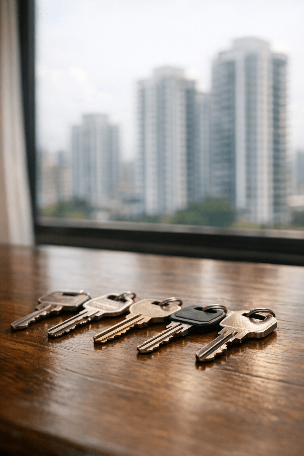 A row of keys on a wooden table beside a window overlooking Singapore condominium towers