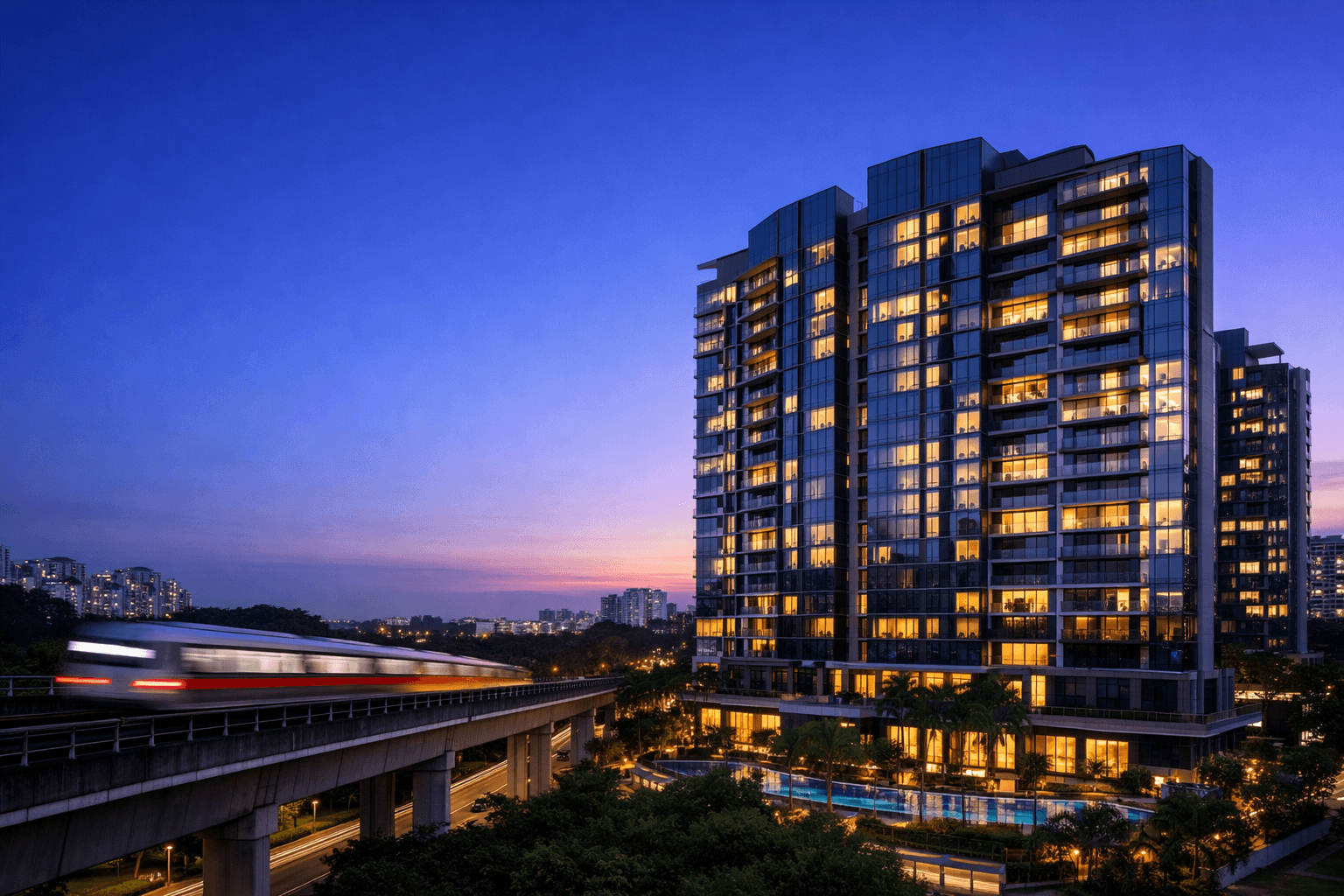 A Singapore condominium beside an elevated MRT viaduct with a passing train.