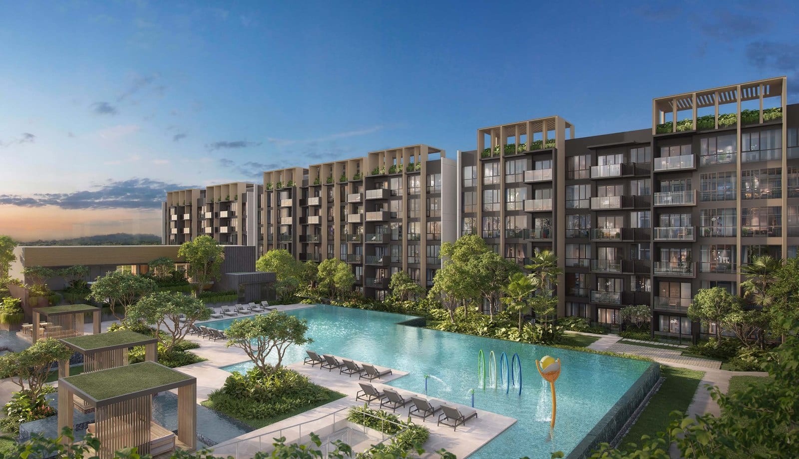 Artist's impression of Narra Residences' low-rise condo blocks wrapped in greenery at the edge of the Dairy Farm nature belt, with the forested Bukit Timah hills and hiking trails behind under warm daylight.