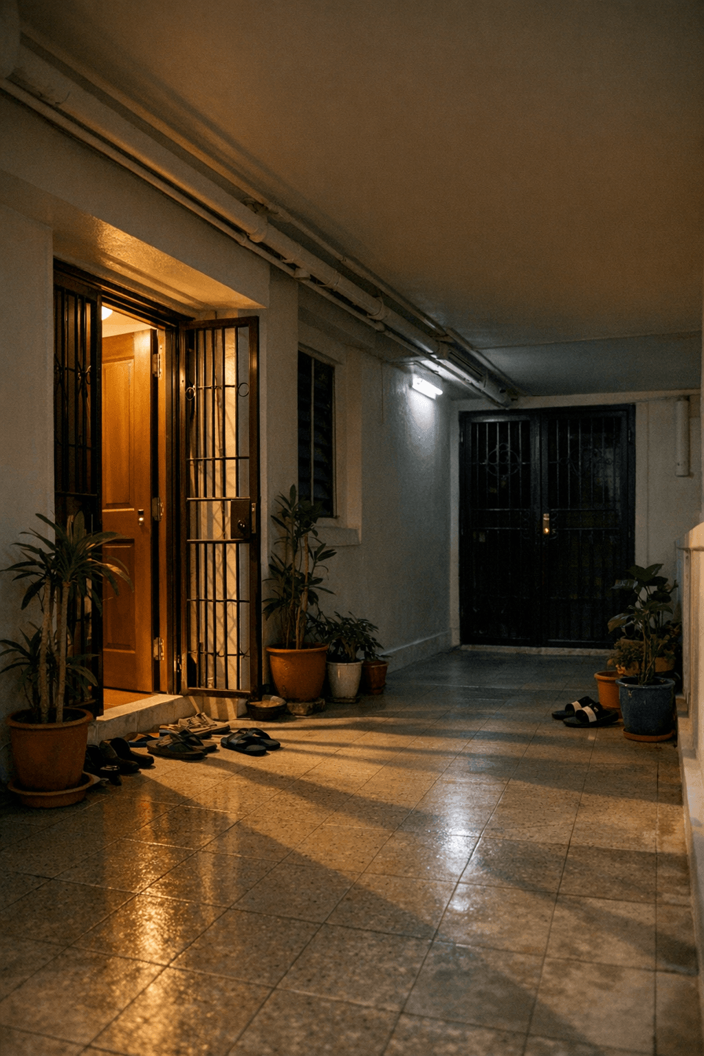A quiet HDB common corridor at night with two neighbouring front doors, one lit and one dark