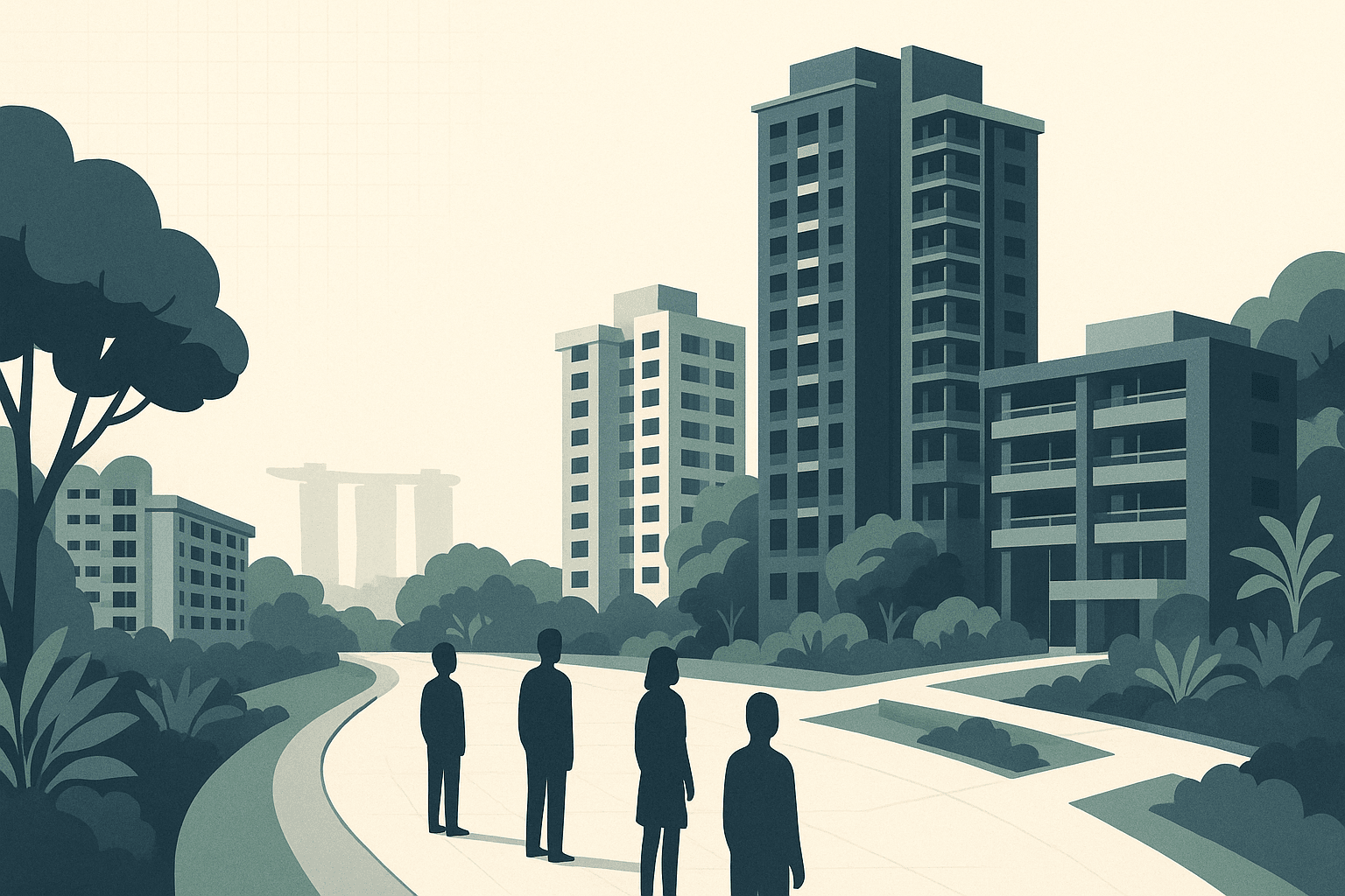 Editorial illustration of a Singapore residential district with condo towers and HDB blocks, where a small group of buyers stand in a staggered queue along a curved walkway toward the development, suggesting booking priority and unit choice.