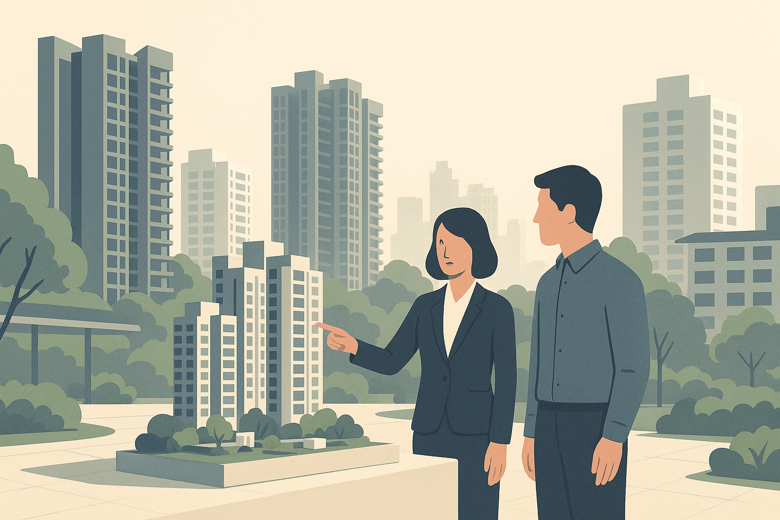 A property agent and buyer study a condo development model in a landscaped Singapore showflat courtyard, with condominium towers, HDB blocks, and tropical greenery in the background.