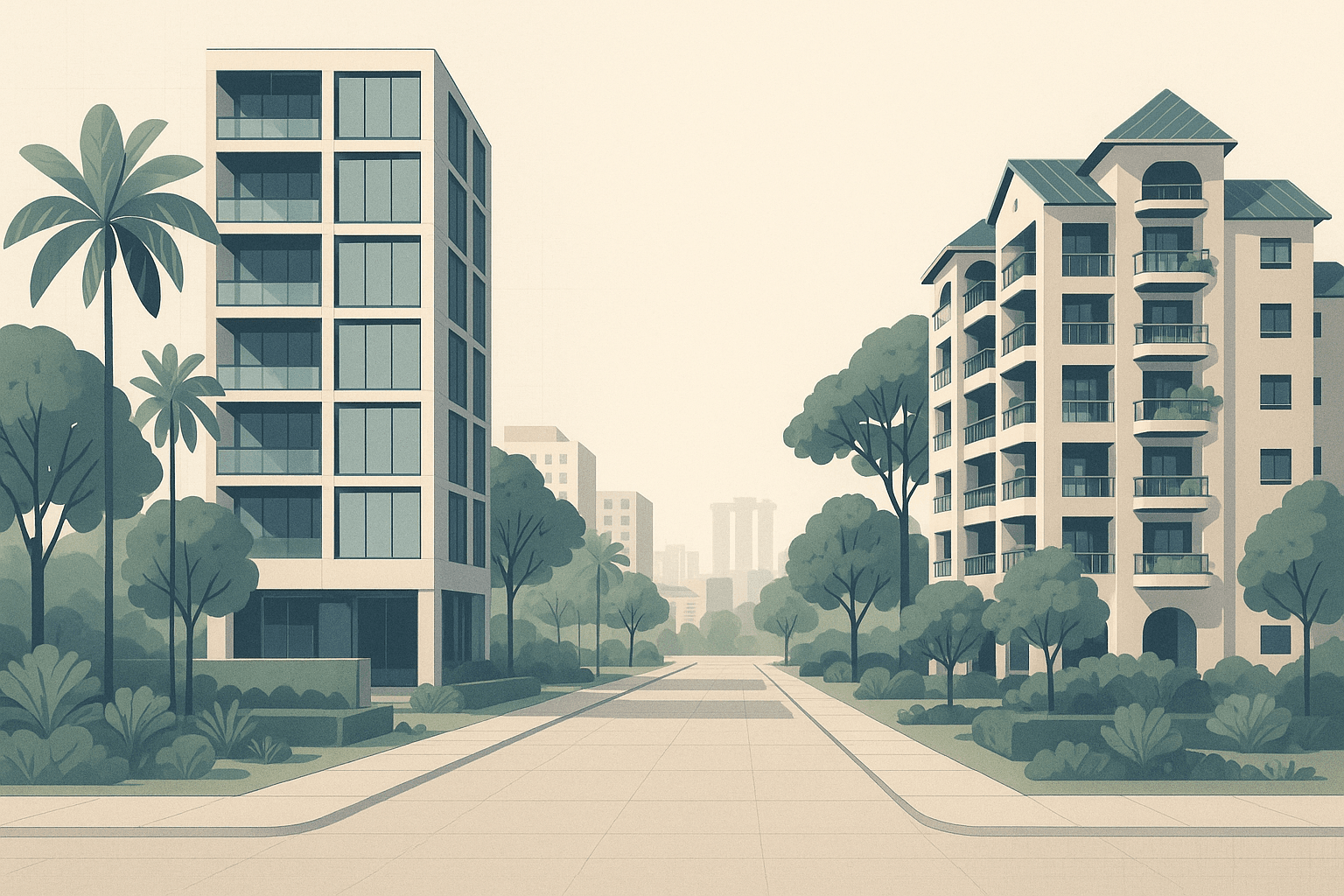 Editorial illustration of a Singapore residential street contrasting a sleek new condominium tower with a mature resale condo surrounded by fuller greenery, with subtle HDB blocks and a faint city skyline in the background.
